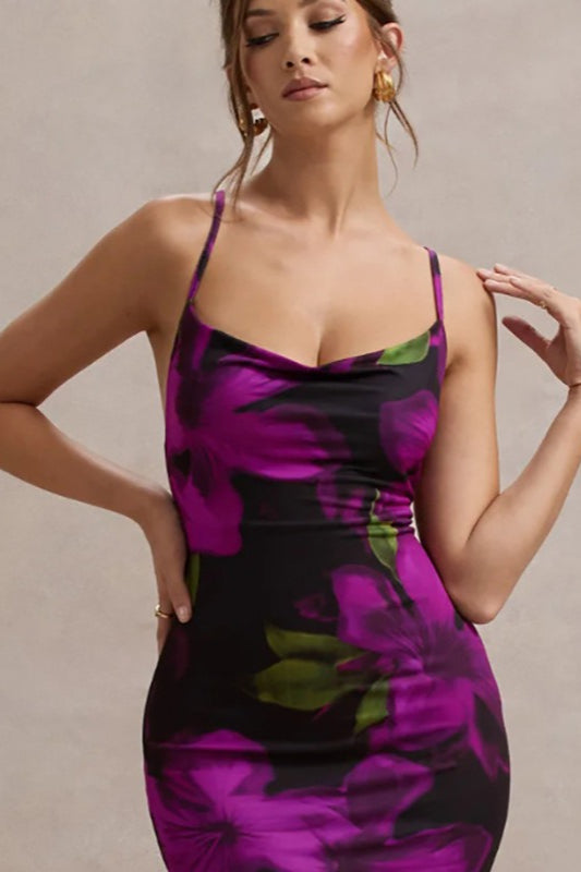 Floral Print Cowl Neck Spaghetti Strap Bodycon Maxi Dress - View 5