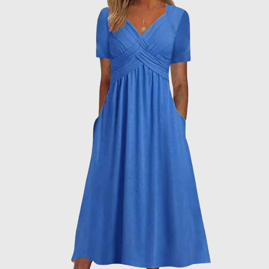 Cross Front Ruched V-Neck Short Sleeve Pocket Midi Dress 2