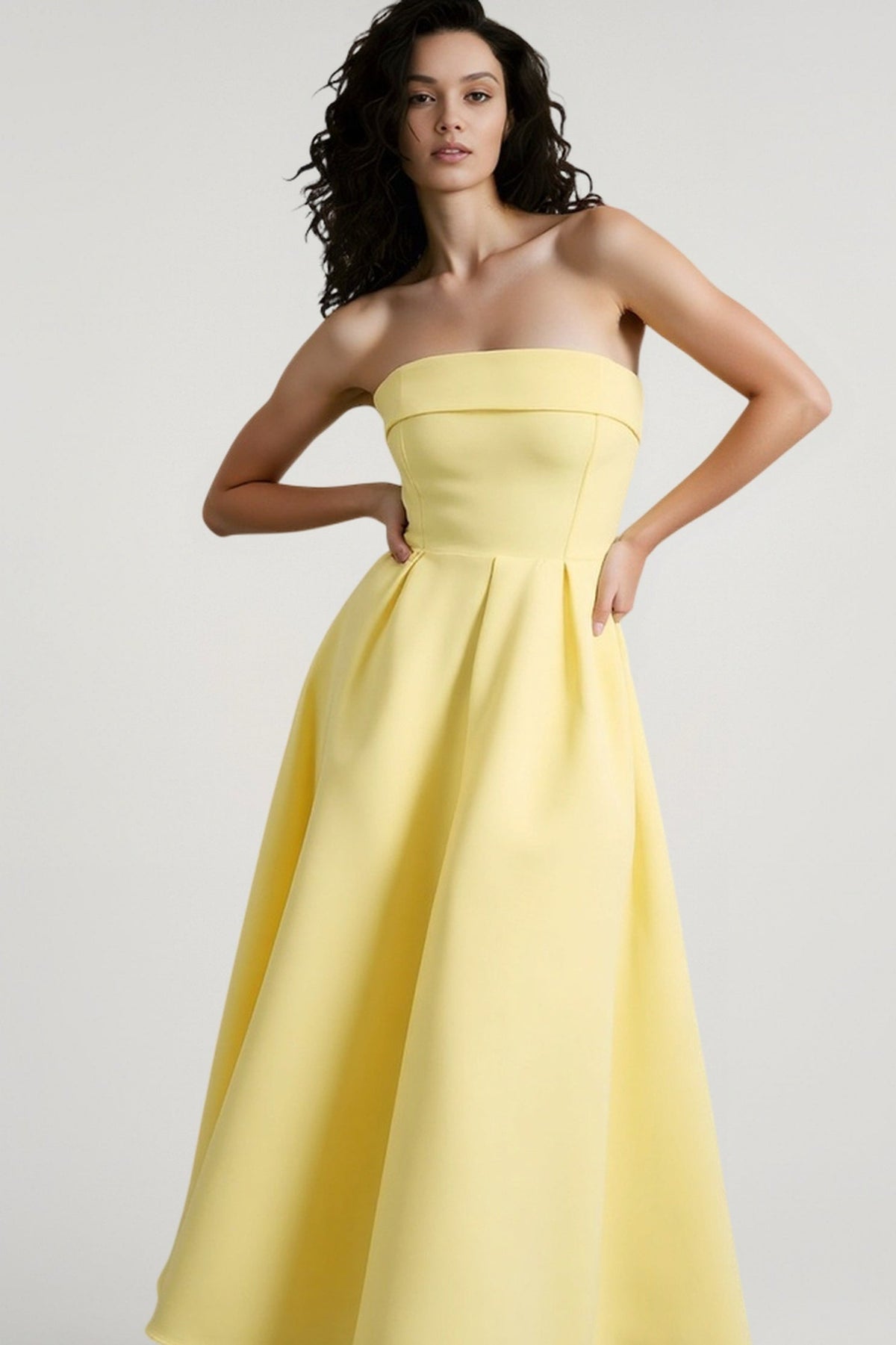 Strapless Fold Over Neck Pleated Fit and Flare Midi Cocktail Dress - View 7