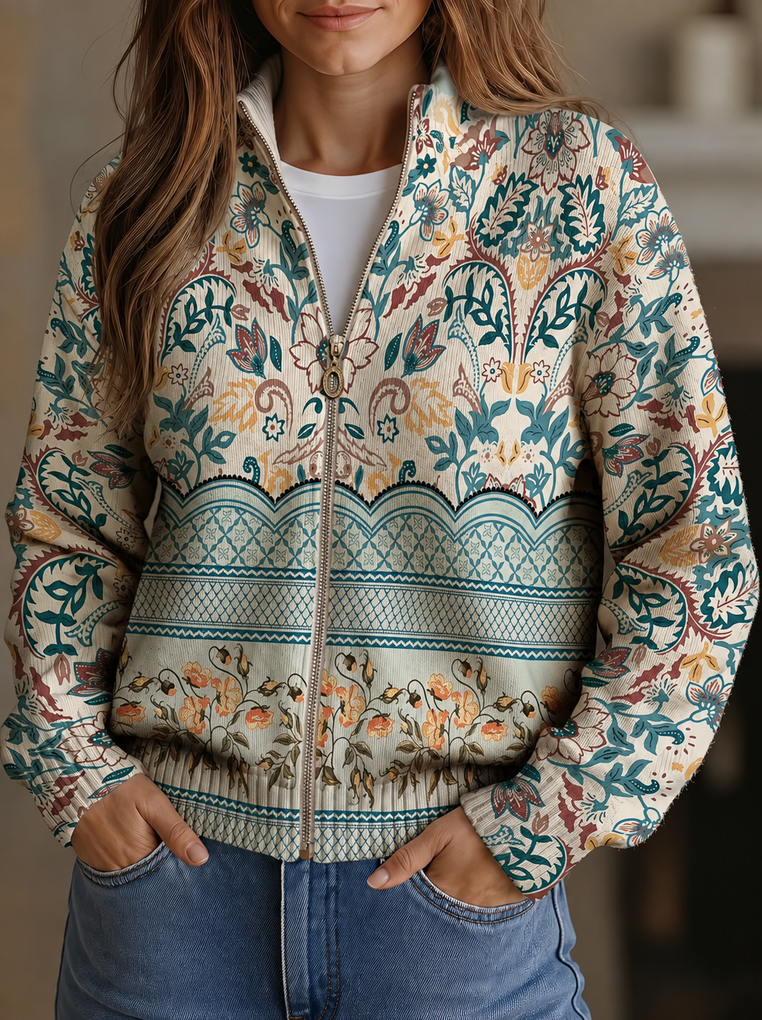 Floral Botanical Print Zip Front Bomber Jacket