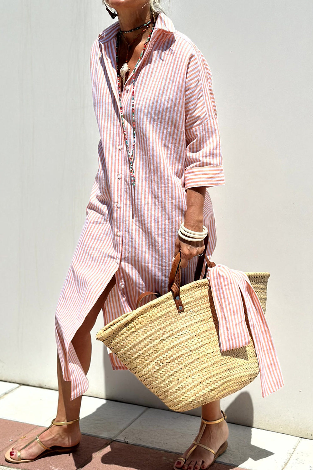 Striped Button Front Collared Long Sleeve Shirt Dress
