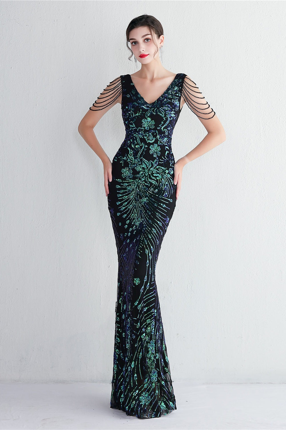 Sequin V-Neck Beaded Fringe Sleeve Mermaid Evening Gown - View 7