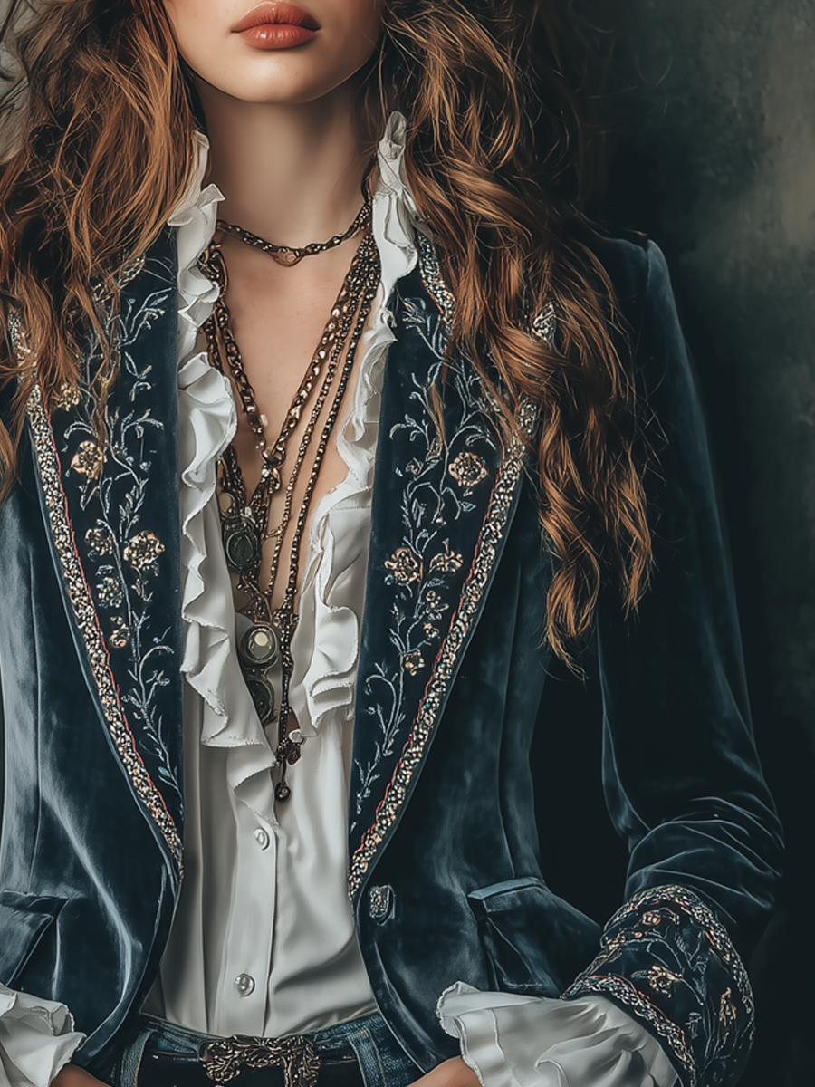 Floral Embroidered Ruffle Cuff Velvet Blazer 4