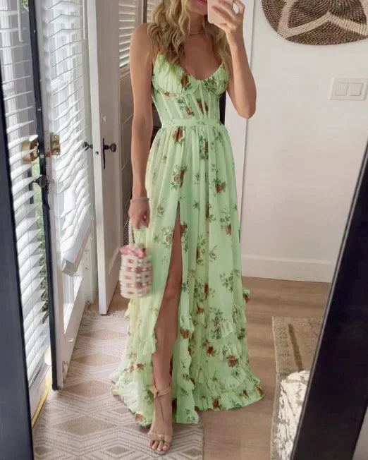 Floral Corset Bodice High Split Ruffle Hem Maxi Dress 3