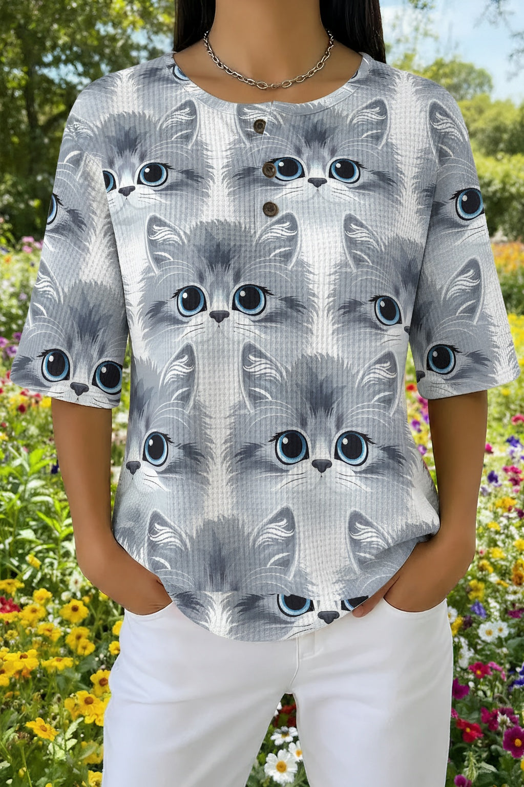 Kitten Face Print Waffle Knit Short Sleeve Henley Top