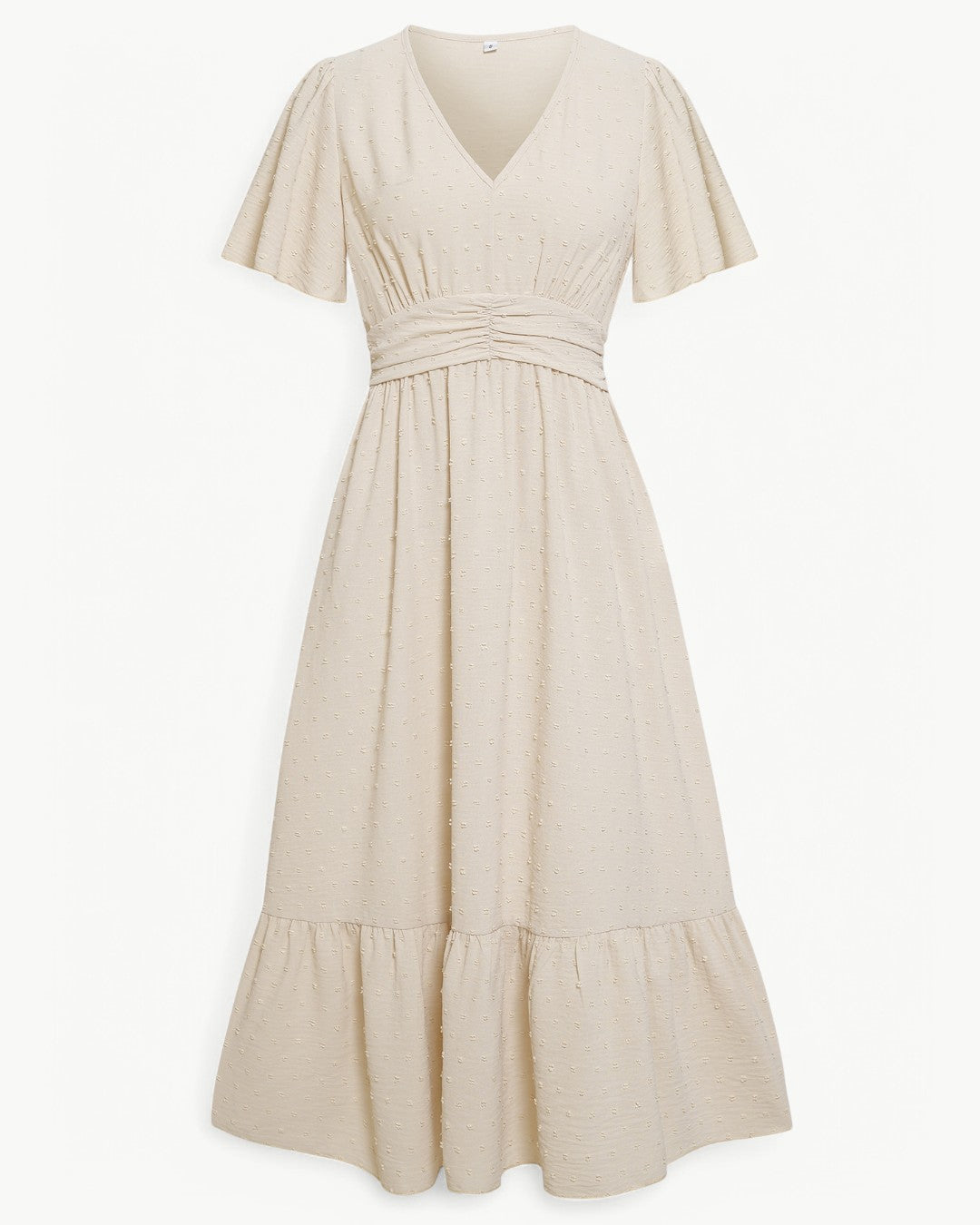 Swiss Dot V-Neck Flutter Sleeve Ruched Waist Tiered Midi Dress 5