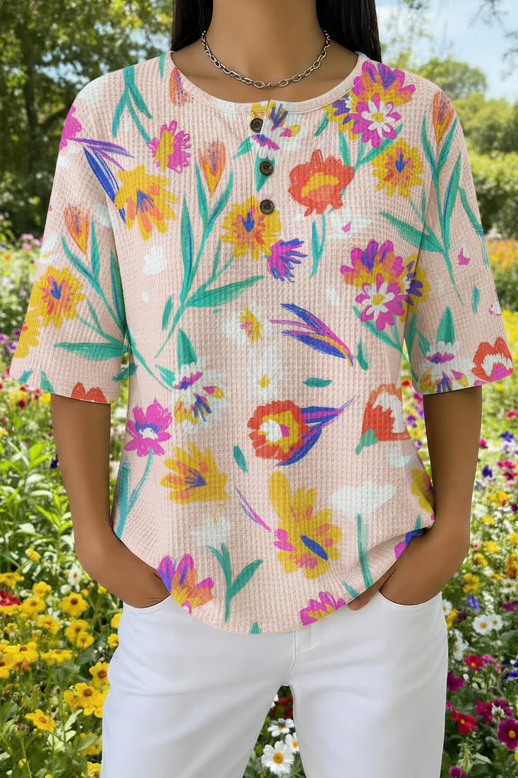 Watercolor Floral Waffle Knit Half Sleeve Henley Top