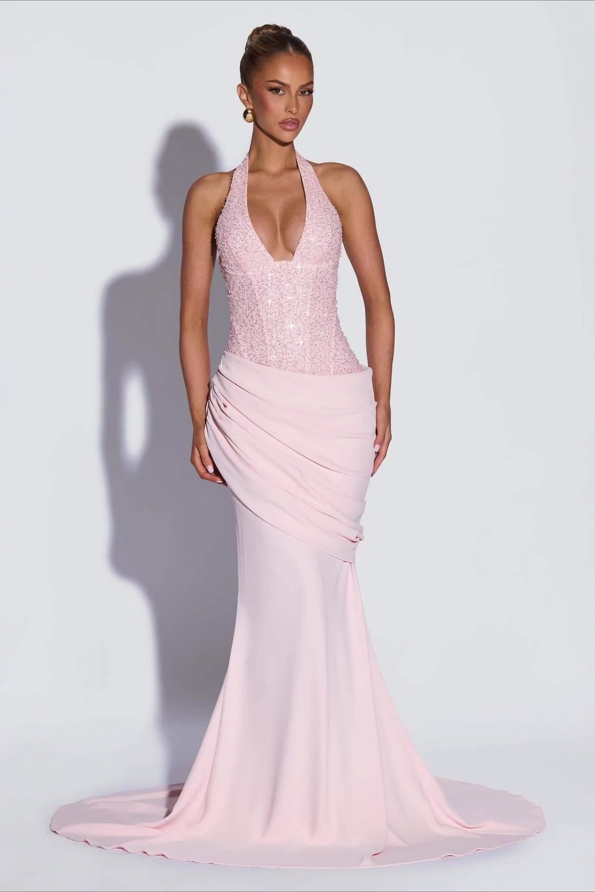 Sequin Halter Deep V-Neck Ruched Mermaid Gown