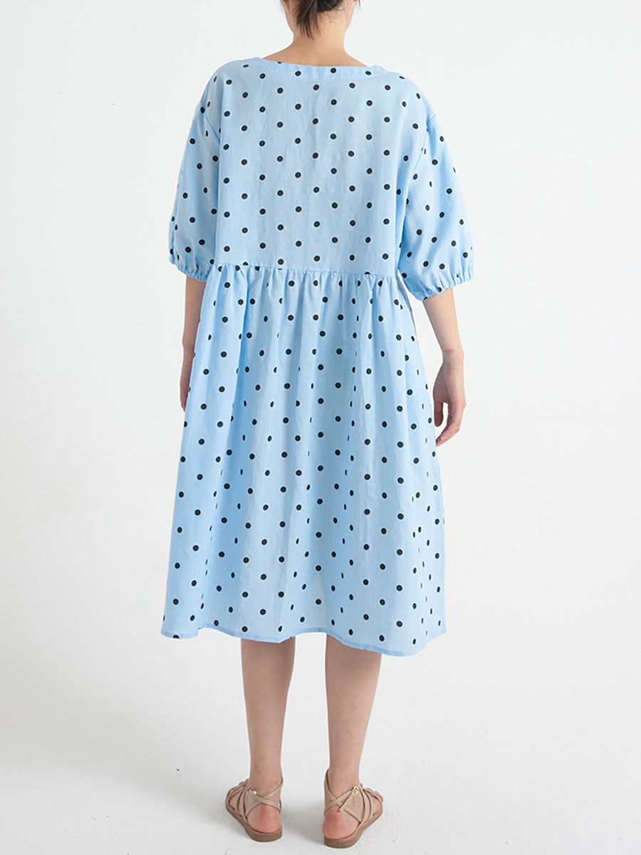 Polka Dot V-Neck Puff Sleeve Empire Waist Midi Dress - View 3