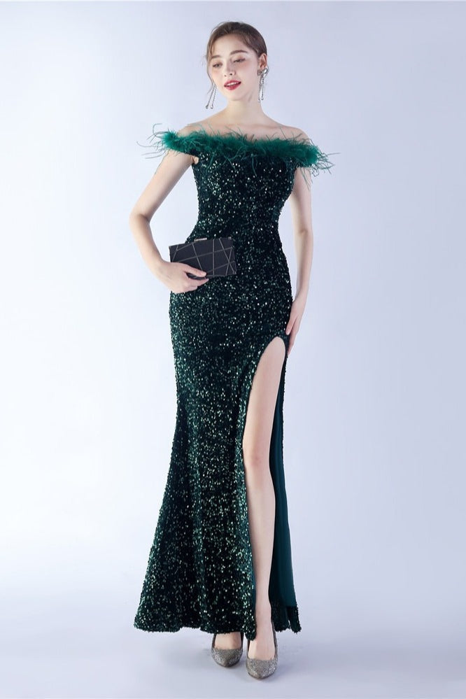 Sequin Off Shoulder Feather Trim High Split Mermaid Gown - View 19