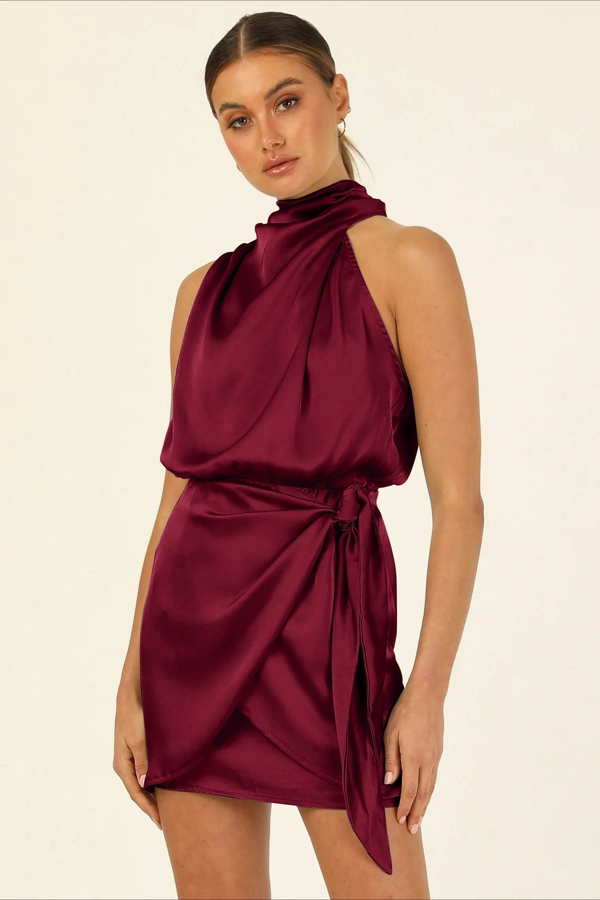 Satin Halter Neck Tie Waist Wrap Bodycon Mini Dress