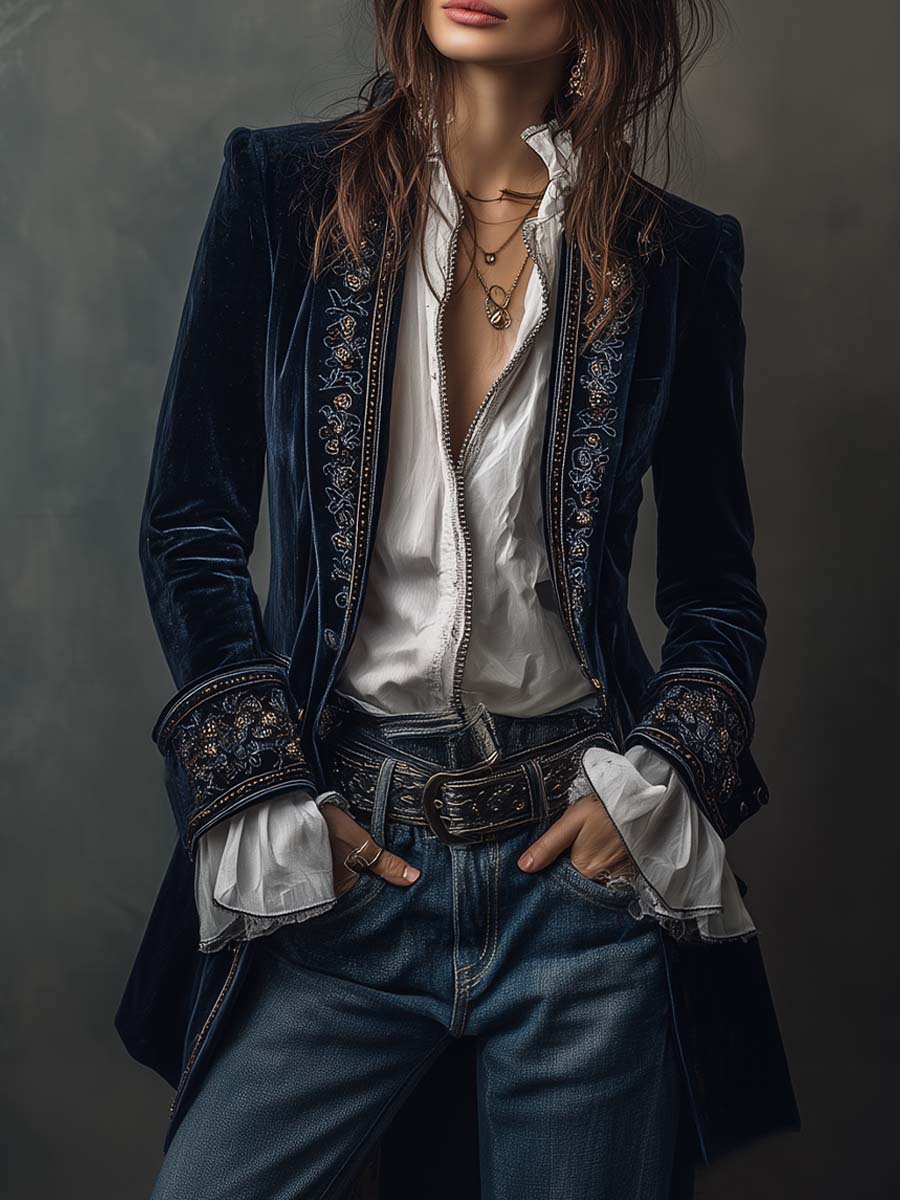 Embroidered Velvet Stand Collar Longline Jacket
