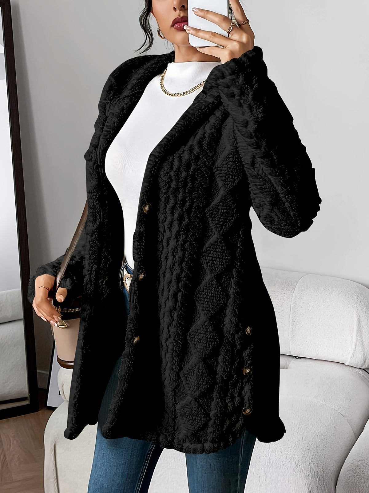 Textured Fleece Hooded Button Front Cardigan Coat 10