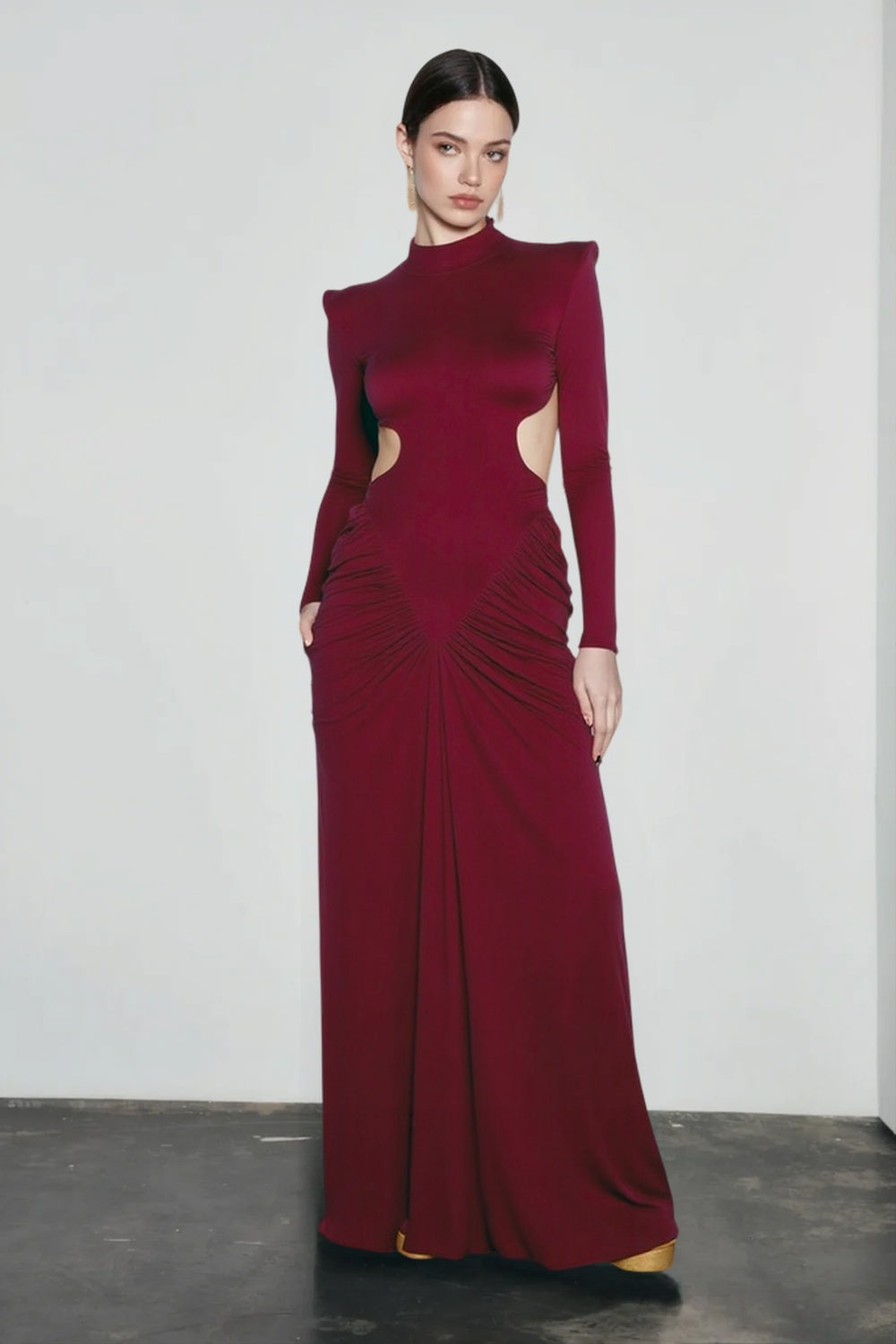 High Neck Long Sleeve Cut Out Ruched Mermaid Gown - View 2