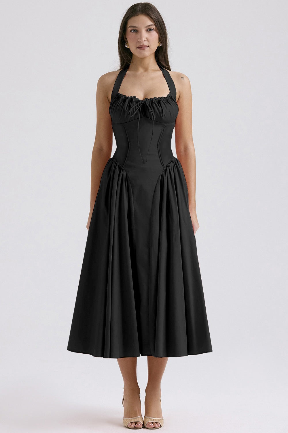 Halter Neck Ruched Corset Fit and Flare Midi Dress - View 16