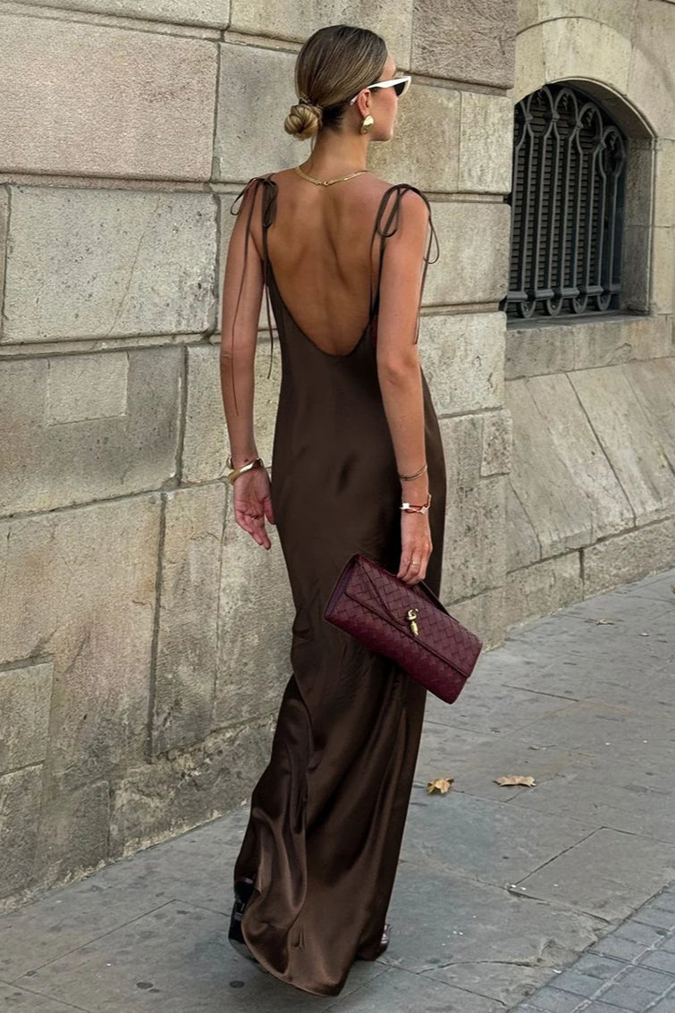 Clacive Fashion Loose Brown Satin Maxi Dress - View 3