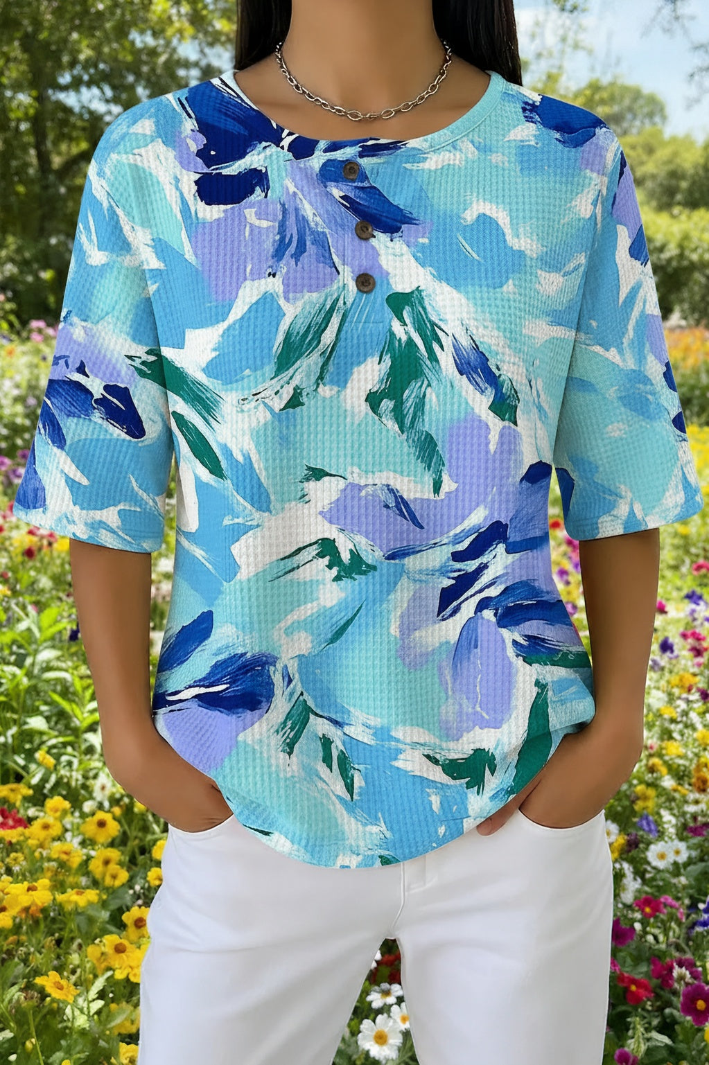 Abstract Floral Henley Neck Short Sleeve Waffle Knit Top