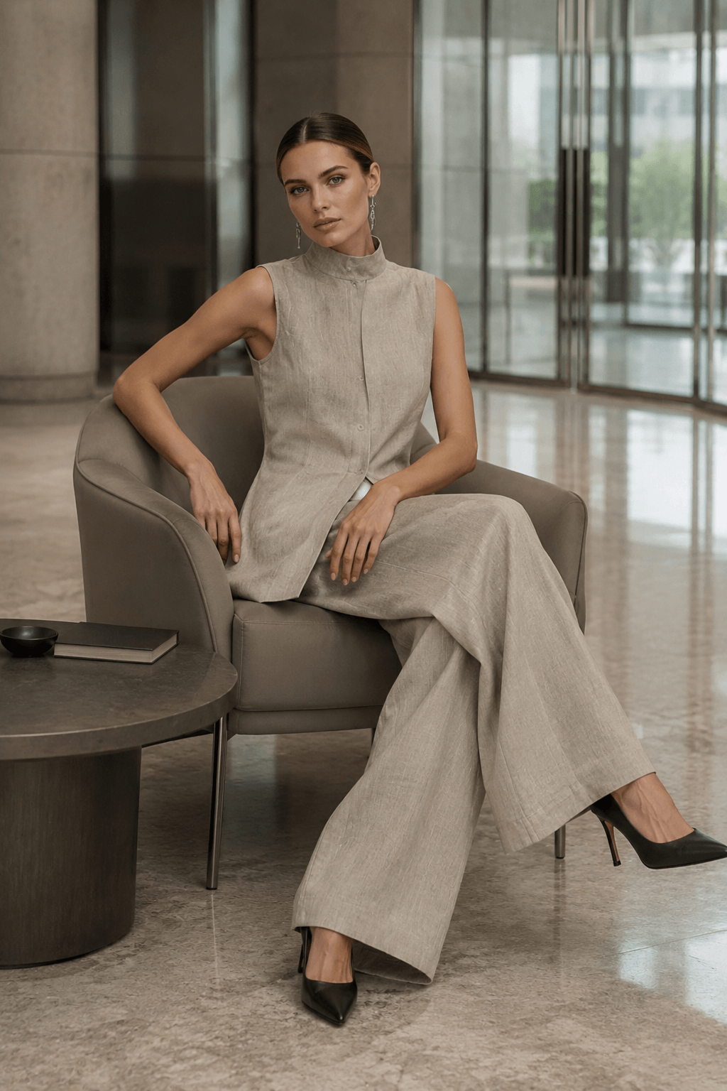 Drape Sleeveless Shirt Two Piece Work Set
