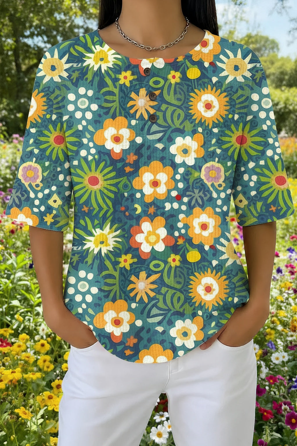 Daisy Floral Print Waffle Knit Henley Half Sleeve Top