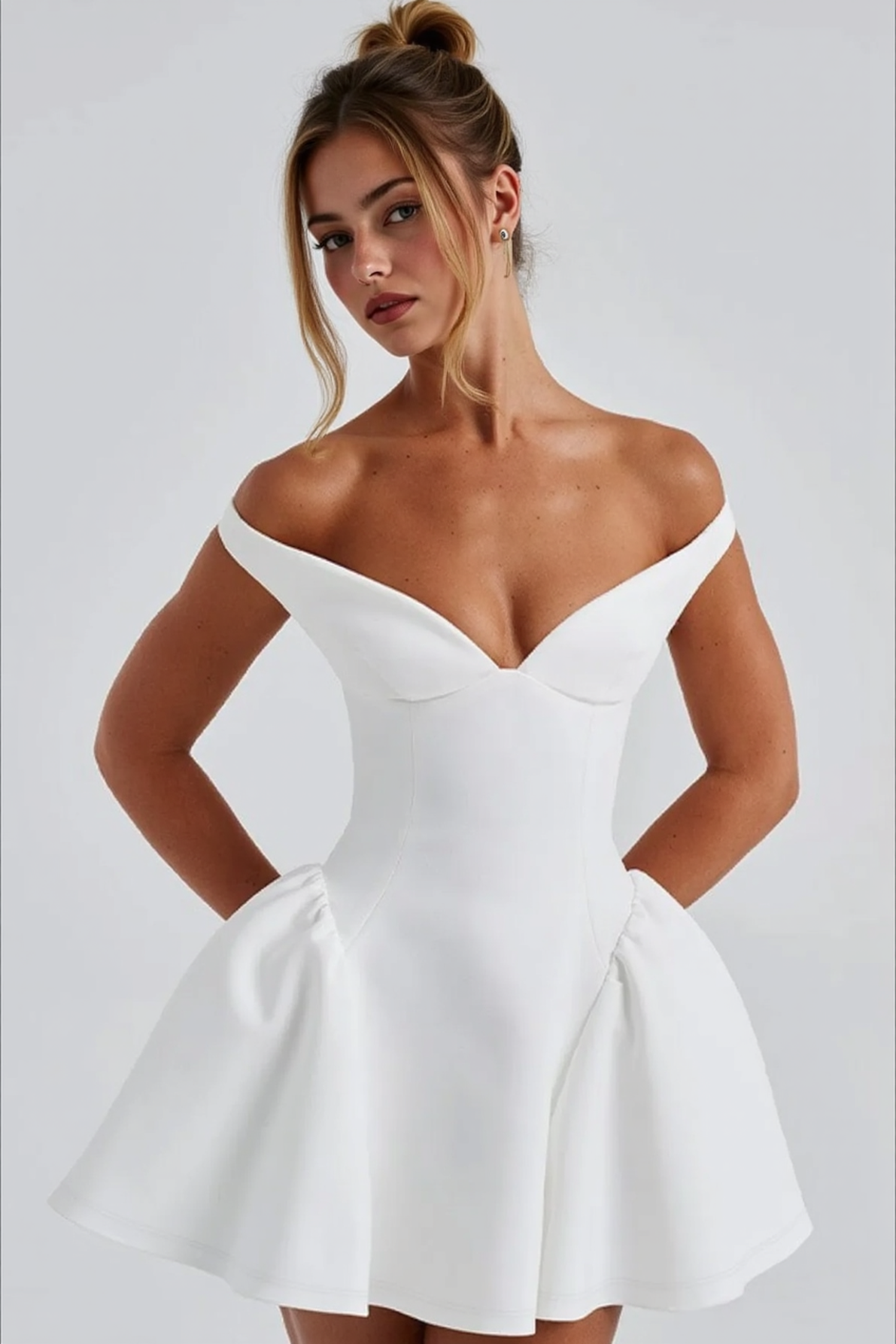 Off Shoulder Deep V-Neck Bustier Bubble Hem Mini Party Dress - View 4