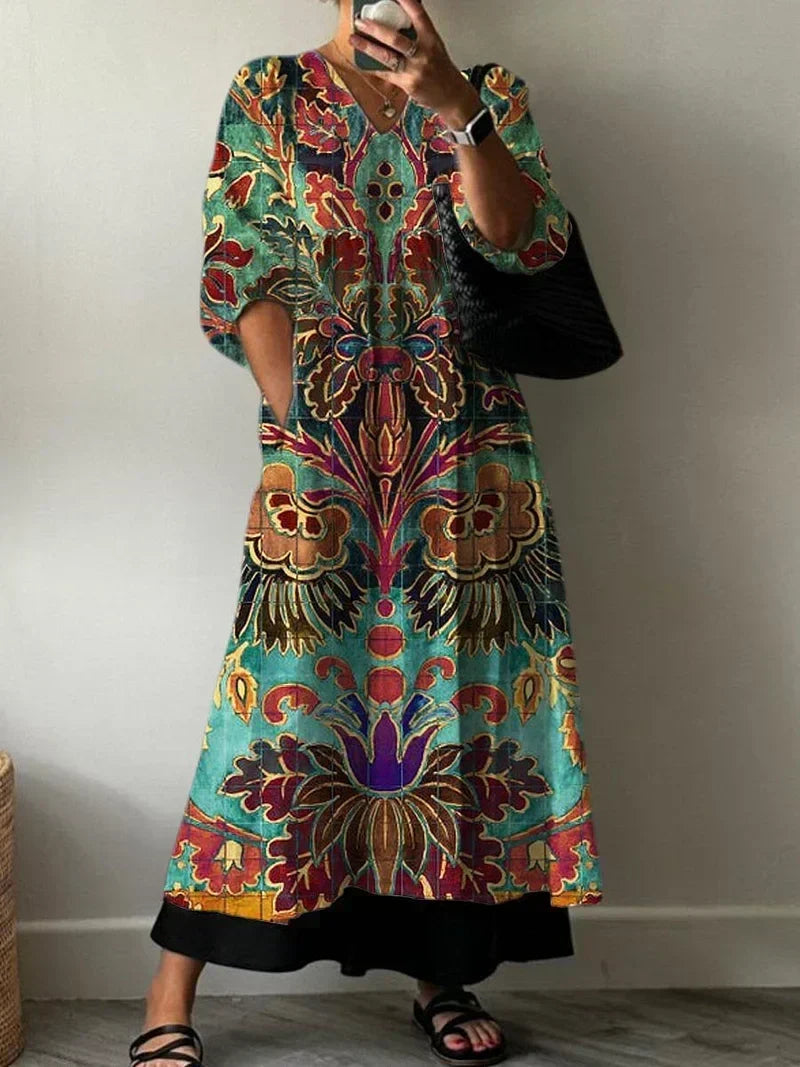 Ethnic Print V-Neck Half Sleeve Layered Maxi Dress