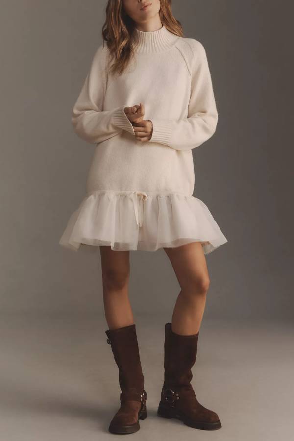 Knit Turtleneck Long Sleeve Tulle Hem Sweater Mini Dress