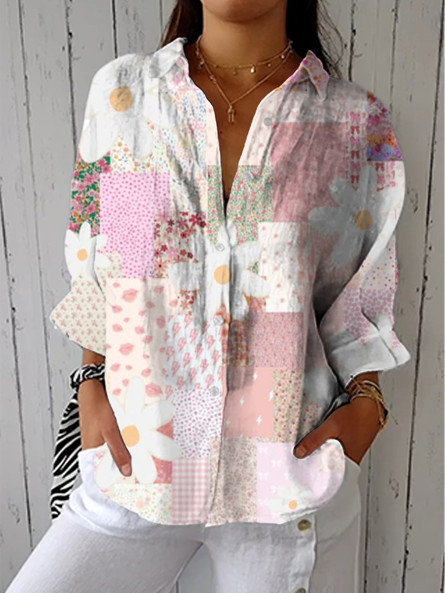 Patchwork Floral Print Button Front Shirt 2