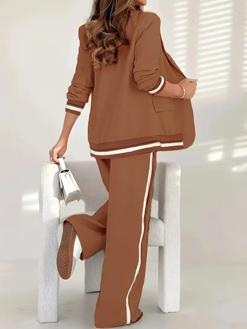 Striped Trim Blazer and Side Stripe Wide Leg Pants Two Piece Set 10