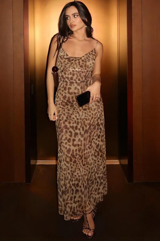 Animal Print Cowl Neck Spaghetti Strap Slip Maxi Party Dress