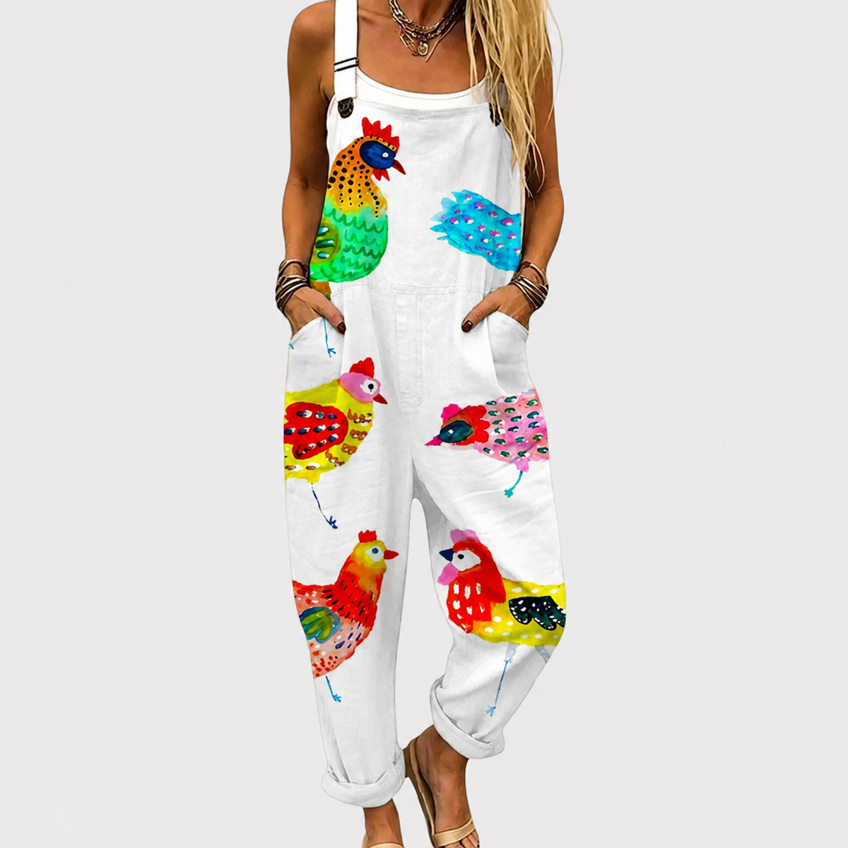 Watercolor Rooster Print Sleeveless Overall Jumpsuit