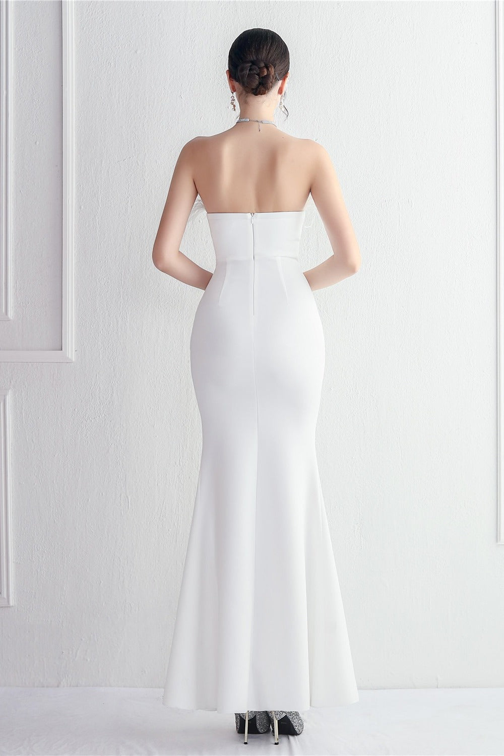 Feather Trim Strapless High Split Mermaid Gown - View 6