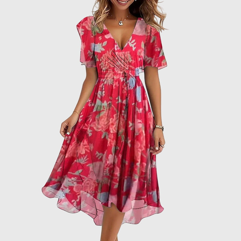 Floral Print V-Neck Flutter Sleeve Handkerchief Hem Midi Dress 4