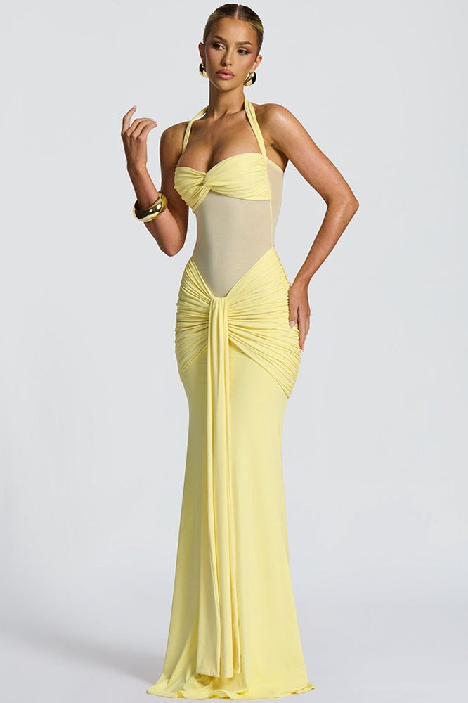 Halter Neck Twist Front Sheer Waist Mermaid Gown