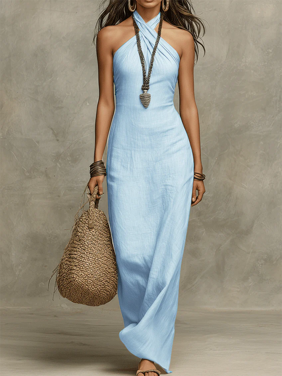 Cross Halter Neck Backless Bodycon Maxi Dress 5