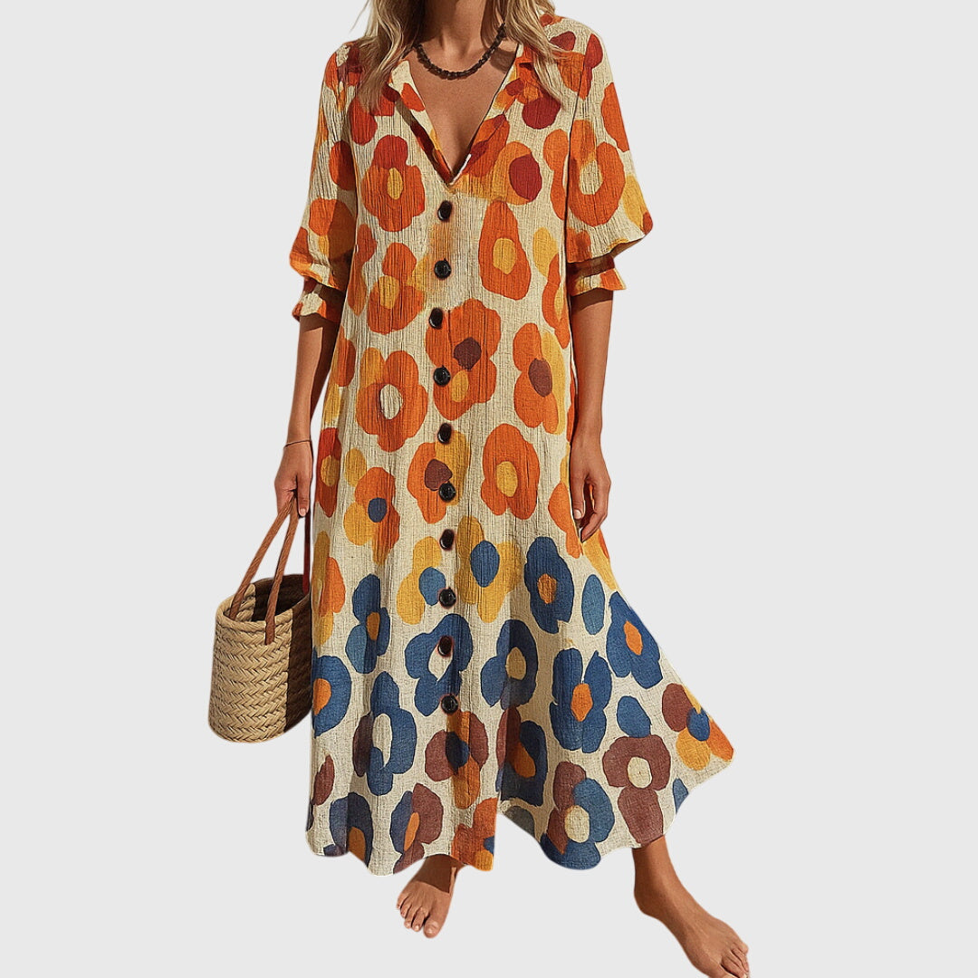 Floral Print V-Neck Button Front Puff Sleeve Maxi Dress 3