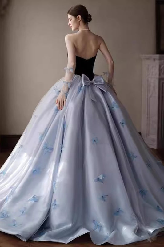 Strapless Sweetheart Butterfly Appliqué Bow Tulle Ball Gown 3
