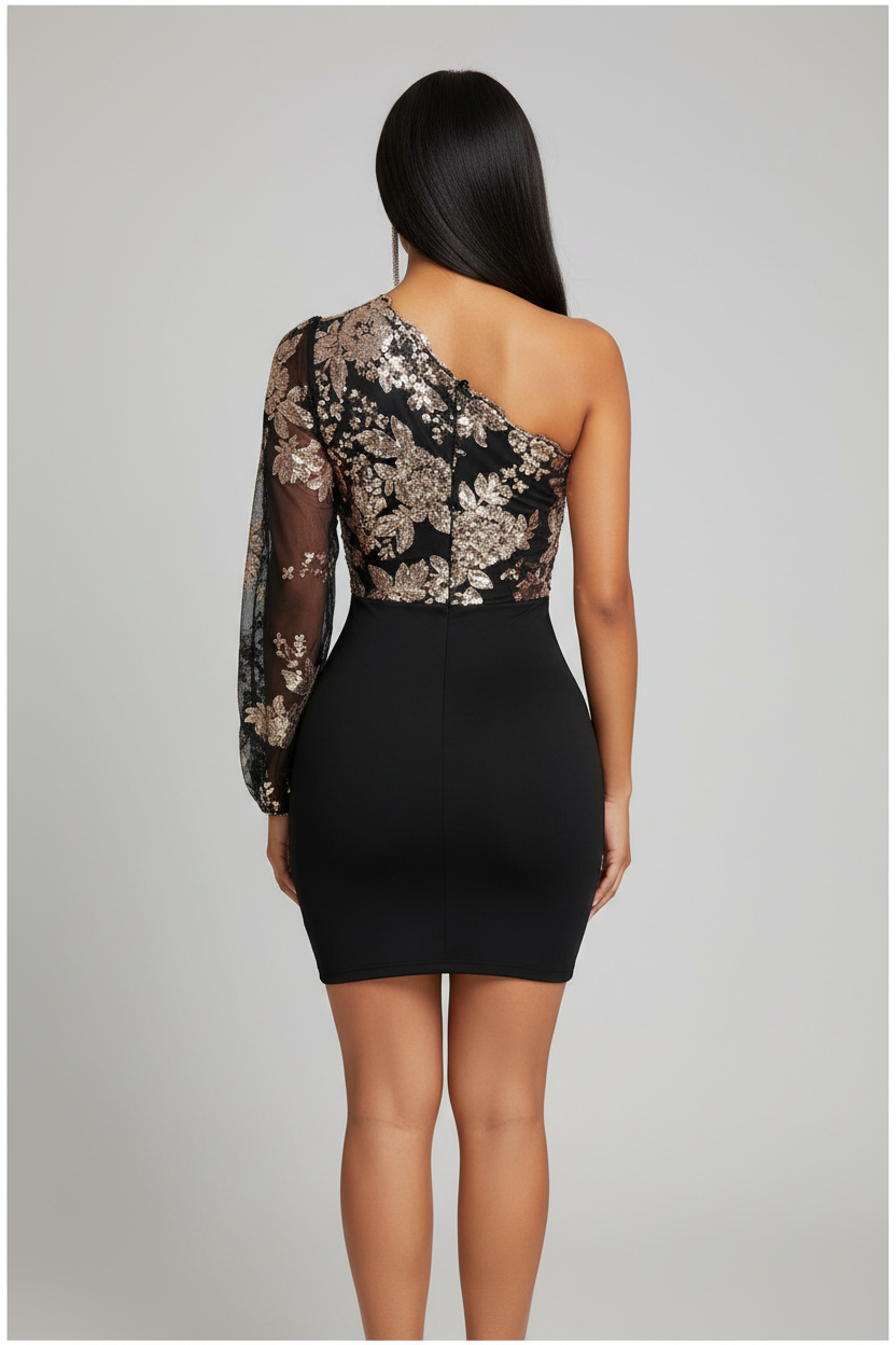 Floral Sequin One Shoulder Long Sleeve Bodycon Mini Dress - View 7