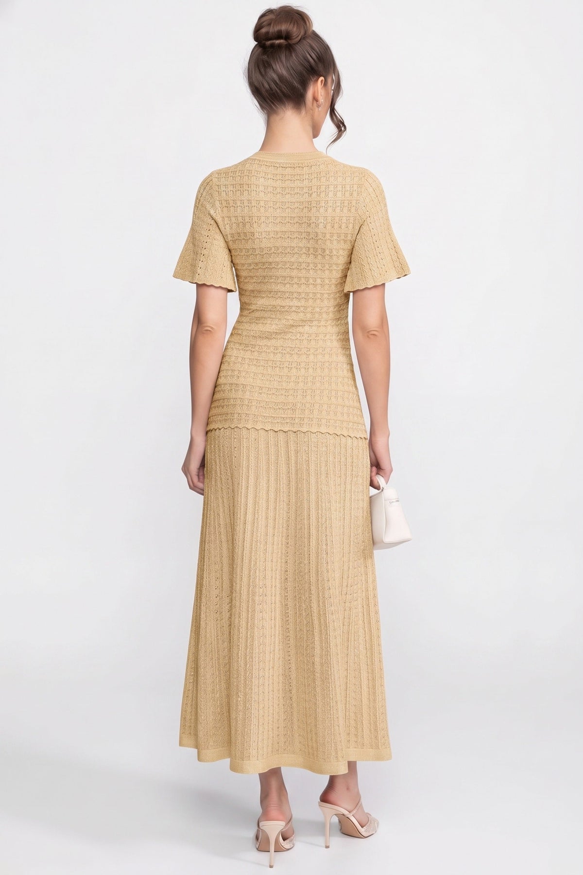 Short Sleeve Midi Dress With Shimmer Knit Texture - Beige - View 6