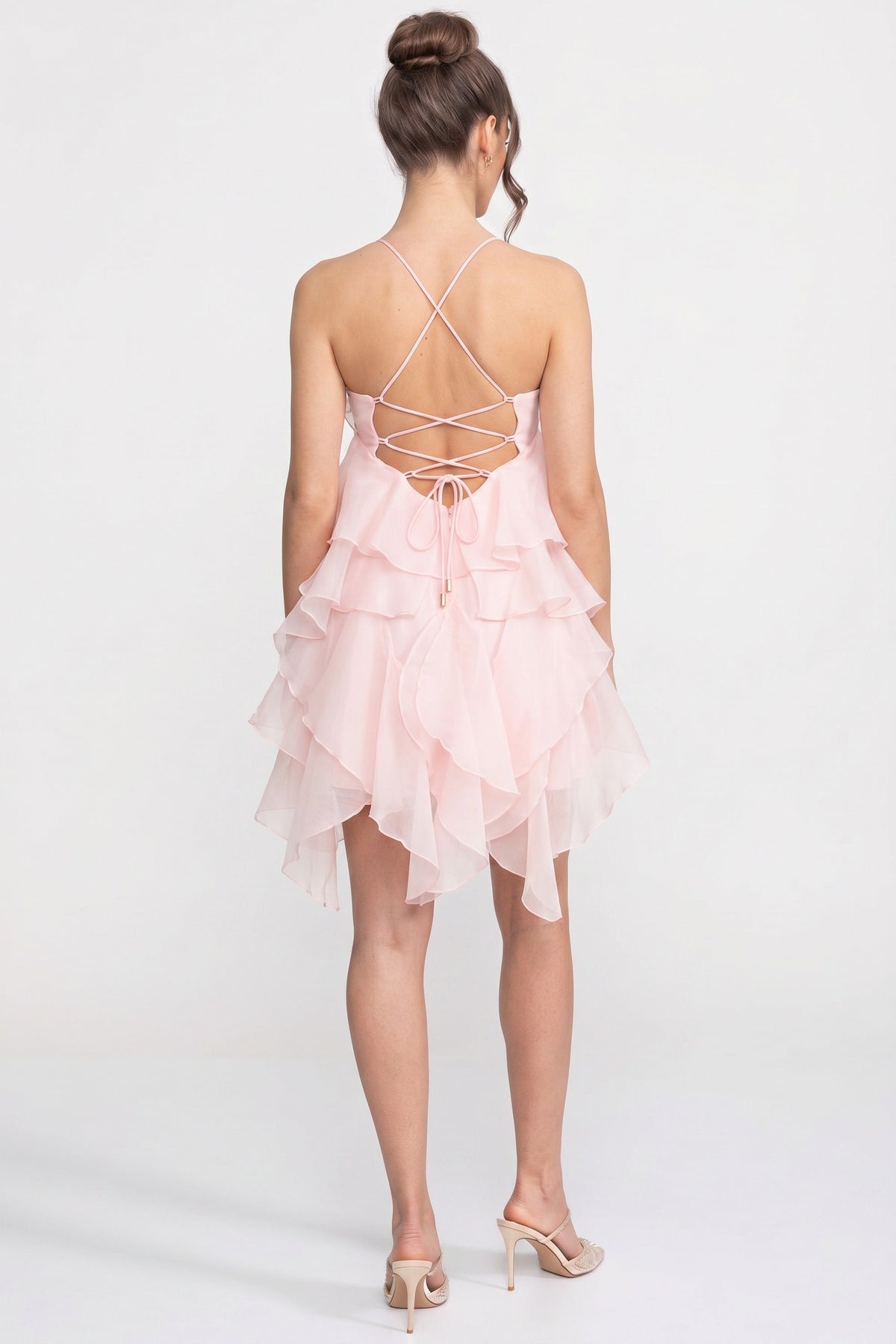 Tiered Ruffle Mini Dress With 3D Floral Halter Neck - Pink - View 6