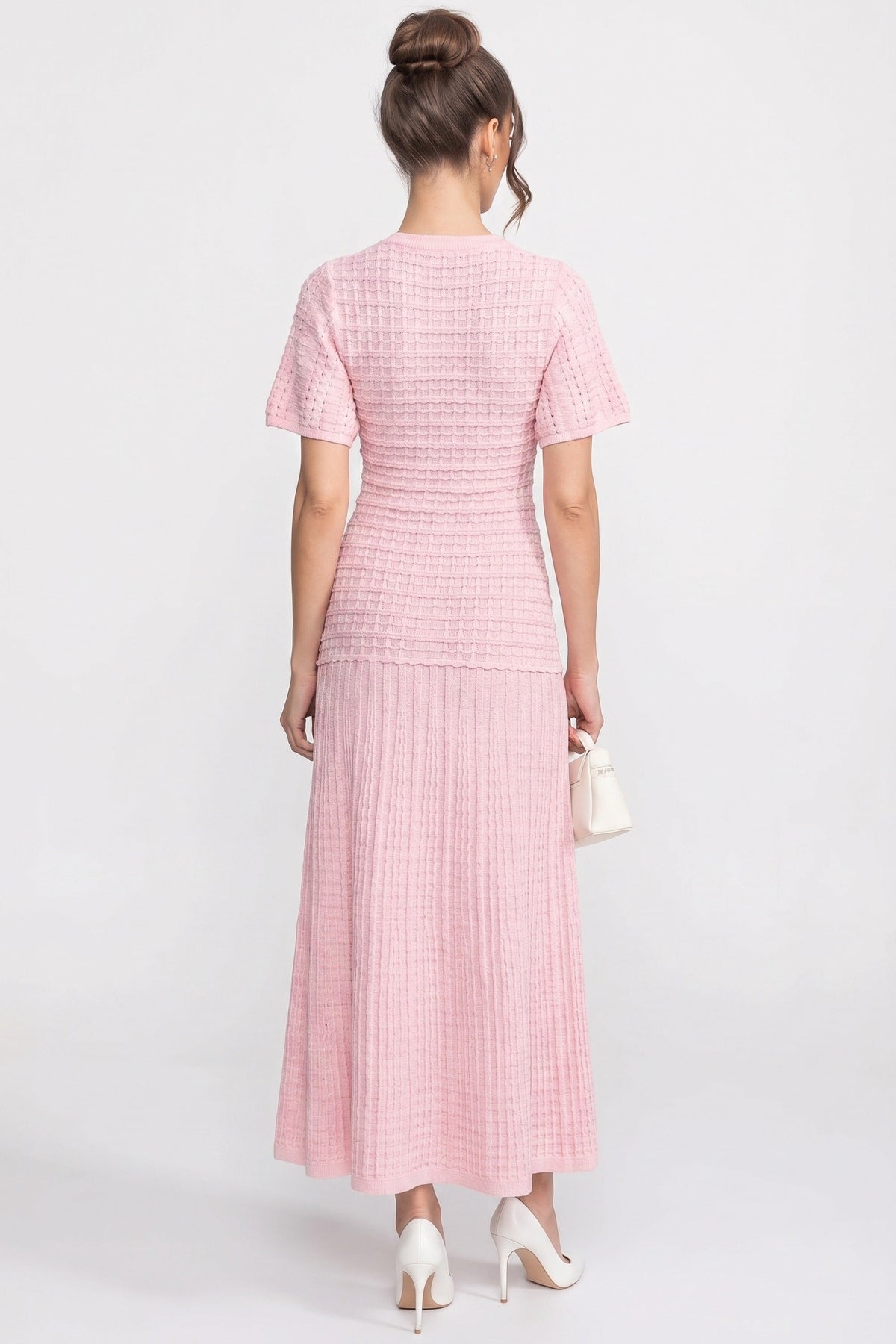 Short Sleeve Midi Dress With Shimmer Knit Texture - Pink - View 4