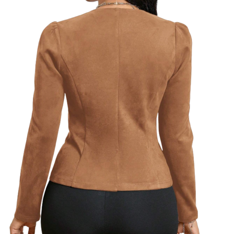 Double Breasted Button Puff Shoulder Suede Look Blazer 6