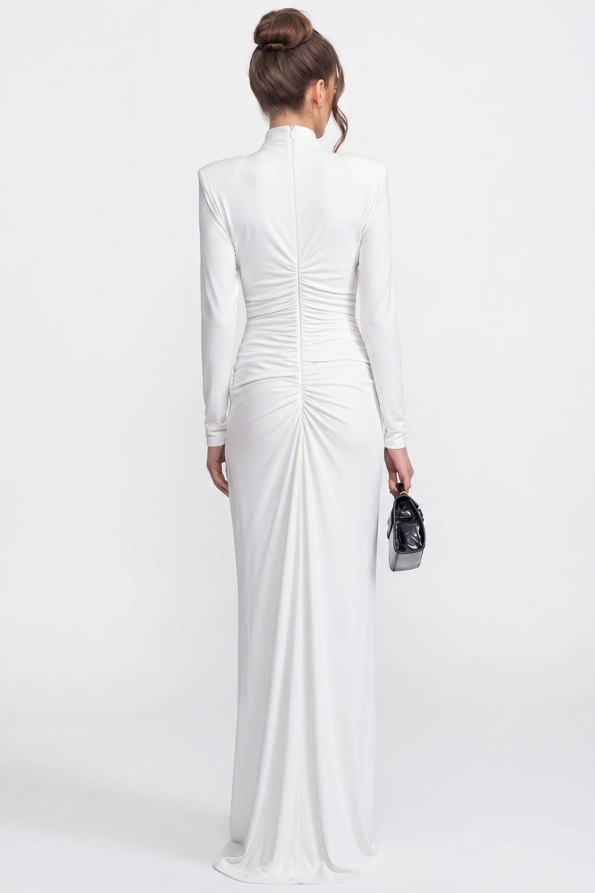 High-Neck Long-Sleeve Ruched Mermaid Gown With Diagonal Drape - White - View 6