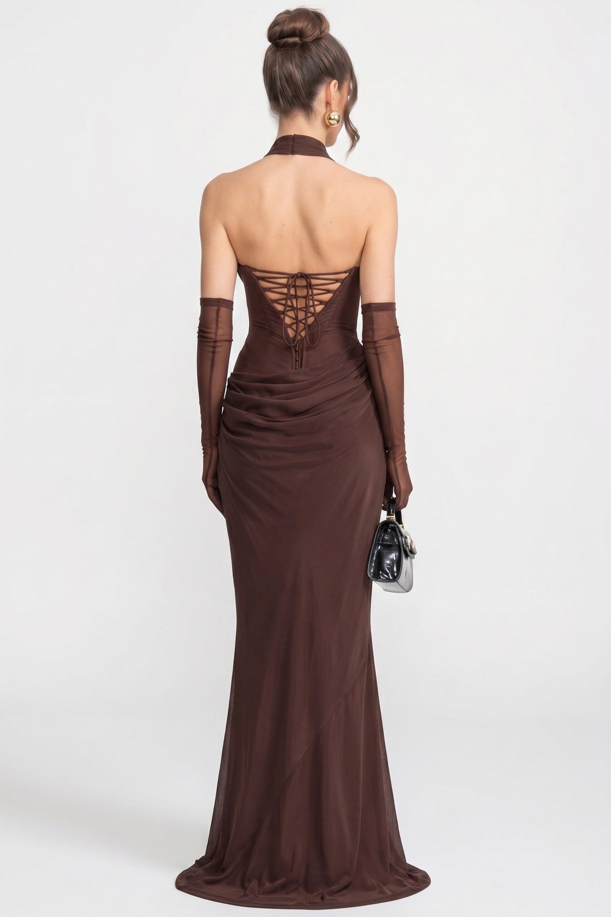 Strapless Draped Maxi Gown With Cowl Neckline And Sheer Scarf - Brown - View 6