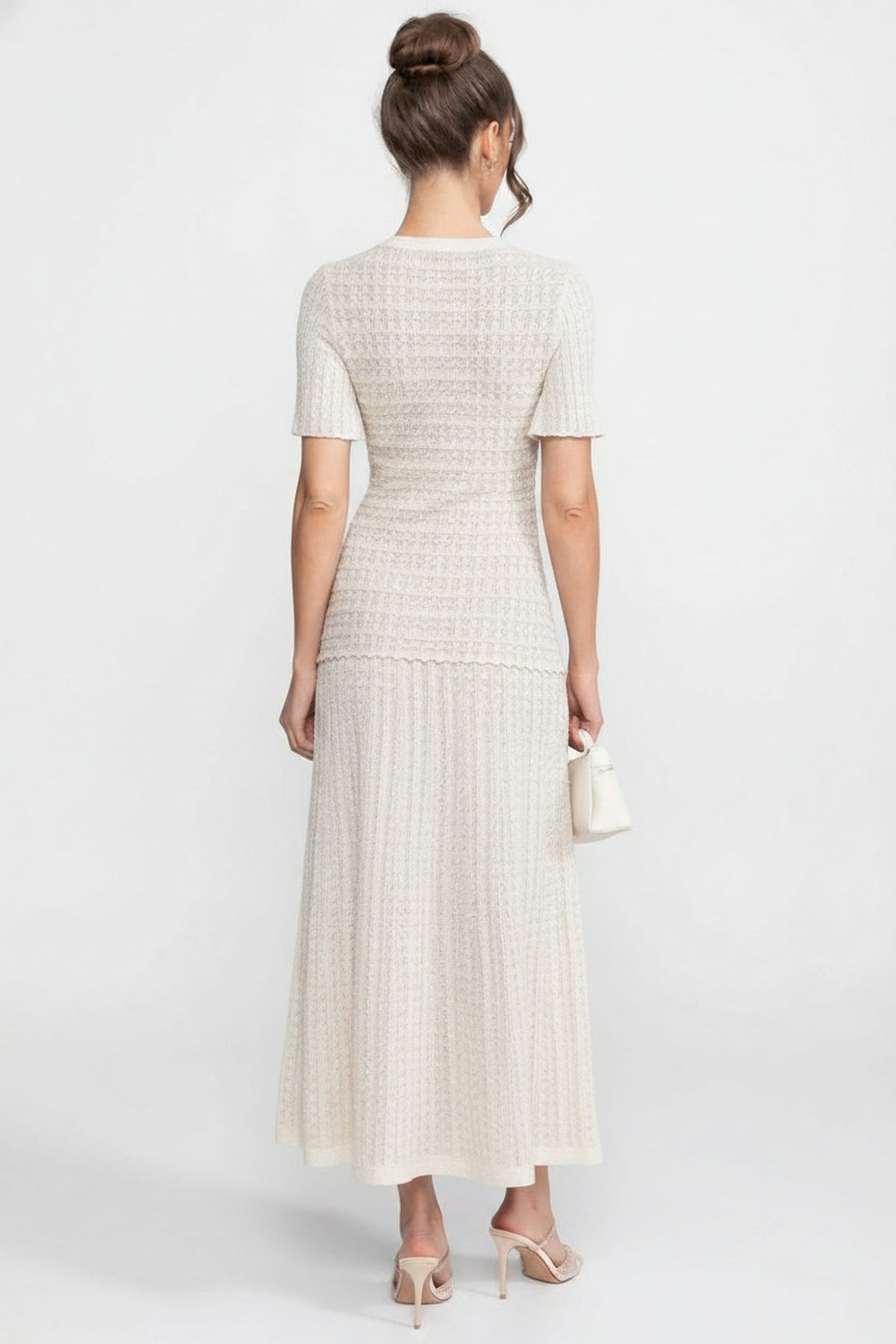 Short Sleeve Midi Dress With Shimmer Knit Texture - White - View 5