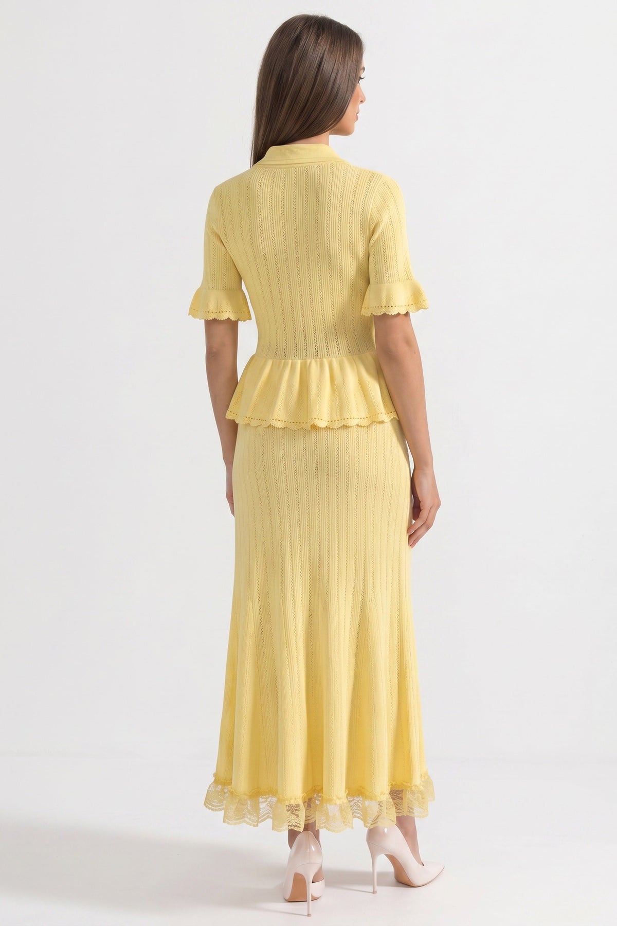 Peter-Pan Collar Knit Peplum Maxi Dress With Lace Hem - Yellow - View 6
