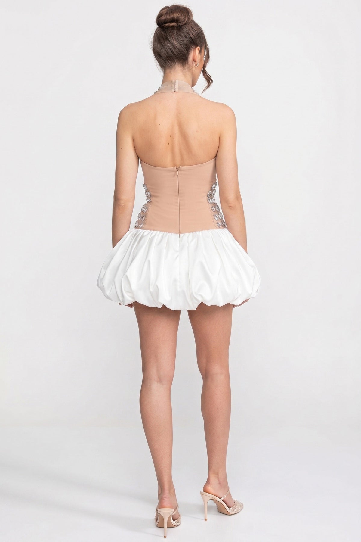 Crystal-Embellished Halter Mini Dress With Bubble Skirt - White - View 7