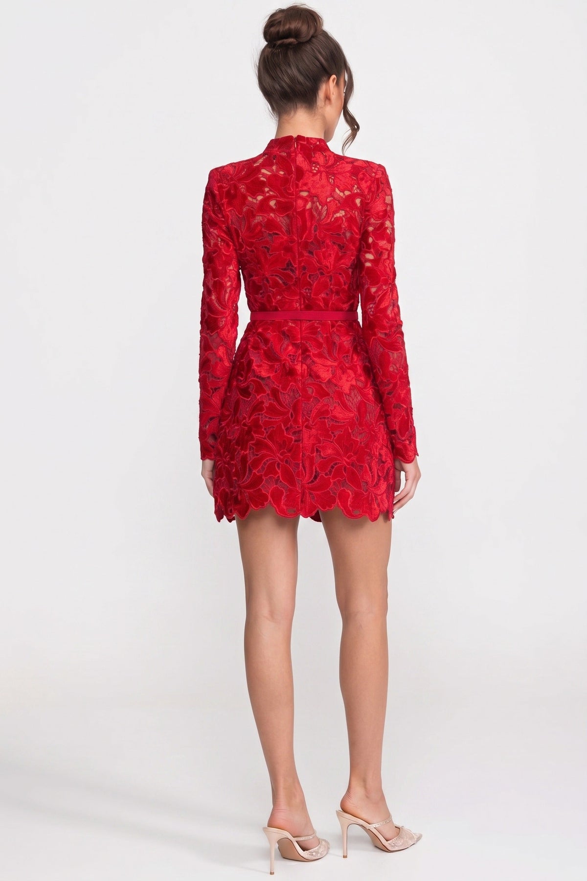 Long-Sleeve Lace Mini Dress With High Neck And Scalloped Hem - Red - View 7