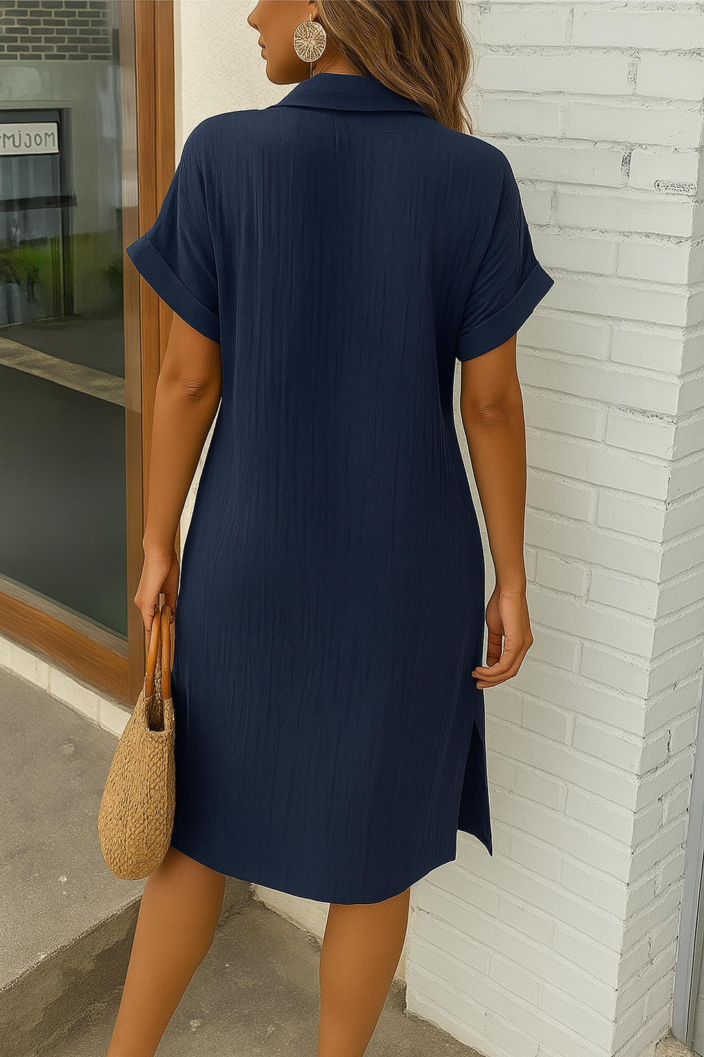 Textured Gauze Button Front Short Sleeve Shirt Dress 18