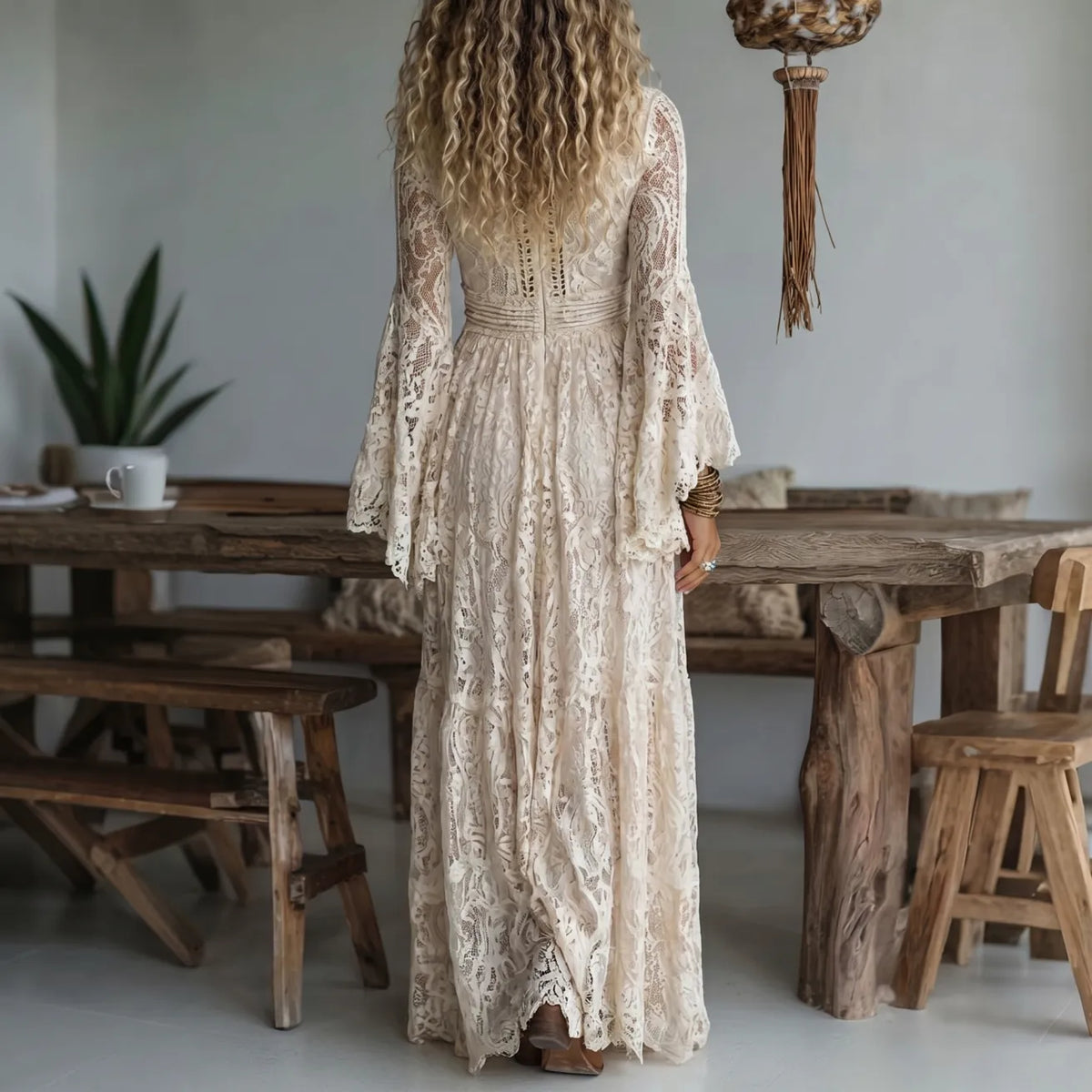 Lace Deep V-Neck Bell Sleeve Maxi Dress 3
