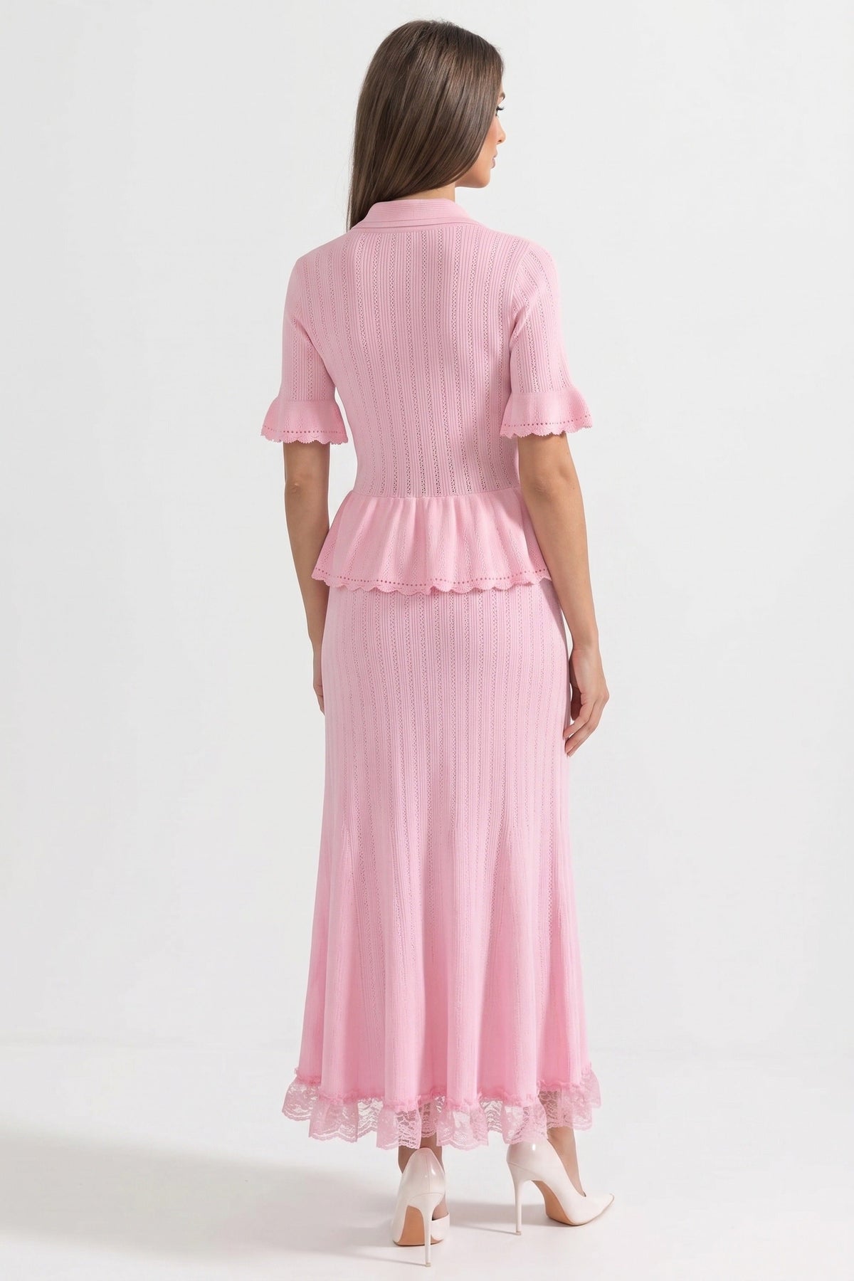 Peter-Pan Collar Knit Peplum Maxi Dress With Lace Hem - Pink - View 3
